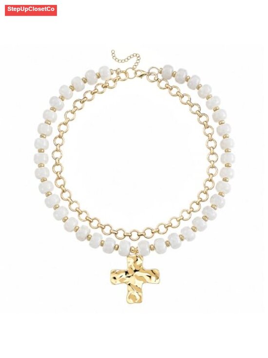 Jewelry - Gold Plated Chunky Beaded Cross Layered Necklace Adjustable Lobster Clasp